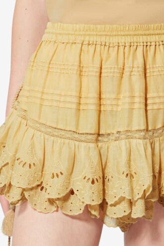 Puria Short Gonna-pantaloncino in cotone con volant e pizzo floreale